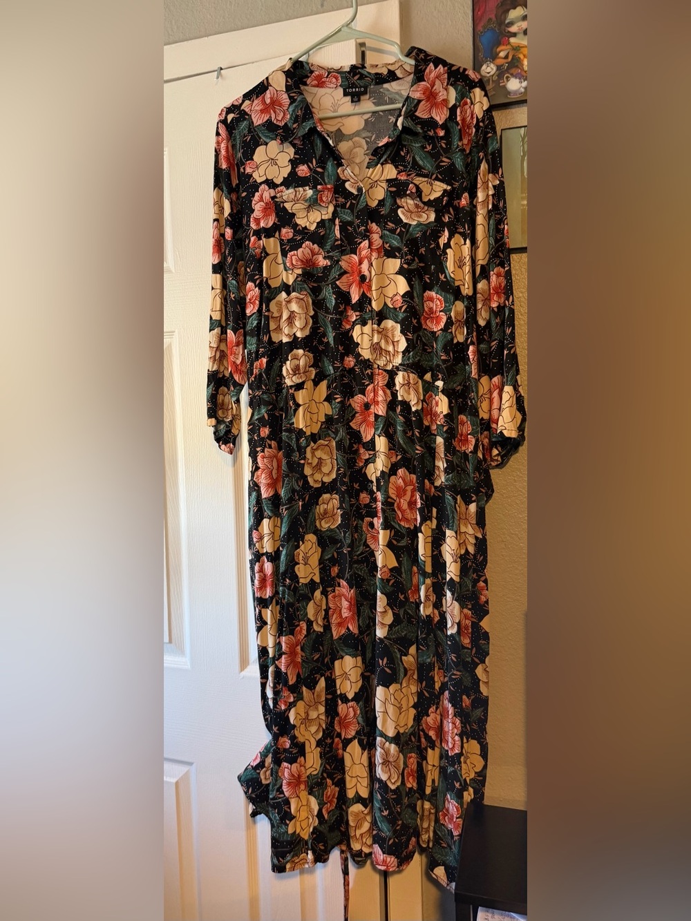 Black Floral Shirt Dress with Cream & Coral Blooms